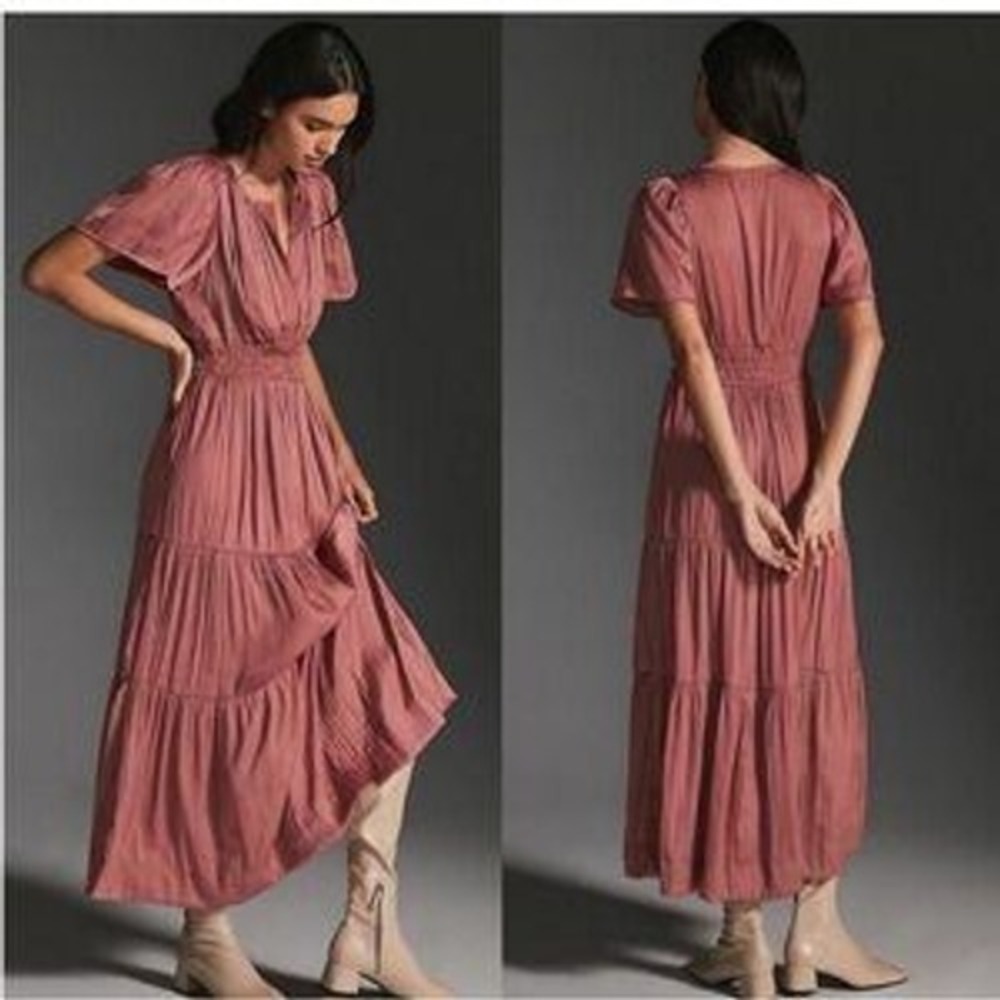 Anthropologie Maxi Dress Pleated Smocked Tiered Rose Pink Size L